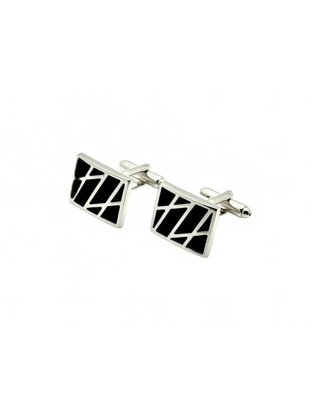 Men’s Silver Tone Cufflinks with Black Geometric Enamel – Rectangular